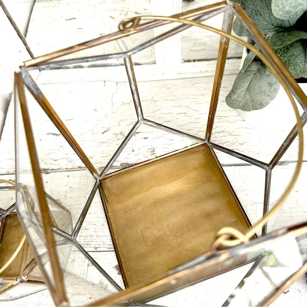 Brass & Glass Terrarium Candleholder Pair Lanterns Geometric Bohemian Decor